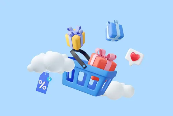 3d shopping cart and gift boxes inside, concept of online shopping, sales and discounts in stores.